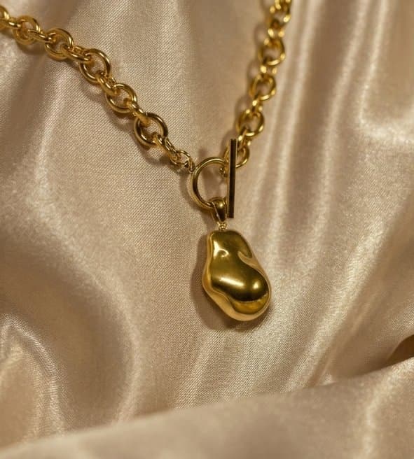 Golden Chunky Chain Necklace with Nugget Shaped Pendant