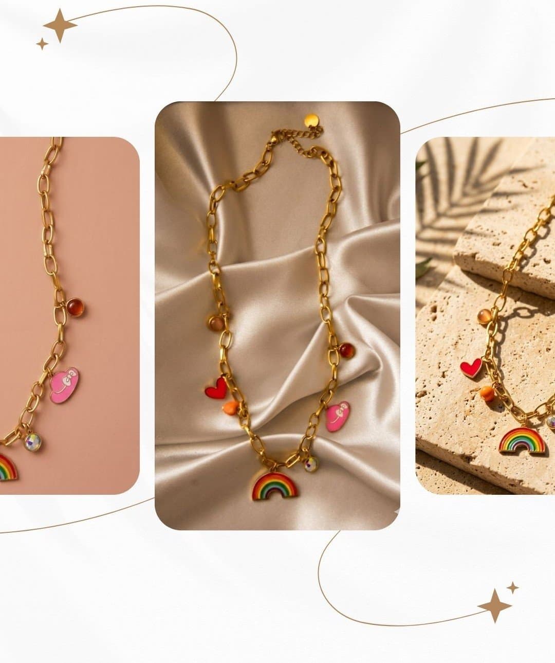 Golden chain with rainbow, heart, hat charms