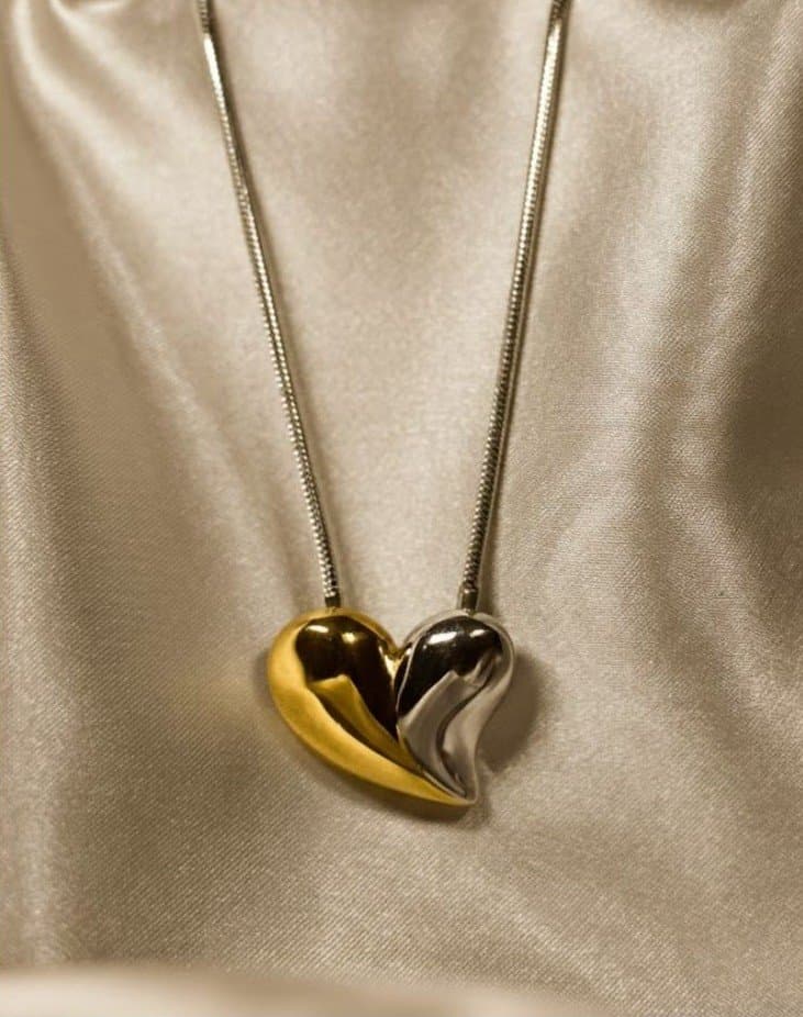 Silver-golden puffed heart pendant necklace